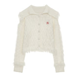 하이 칼라 패치워크 울 스웨터 카디건