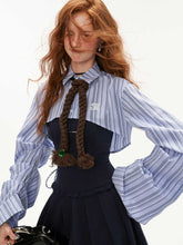 Short lantern sleeve striped shirt top dress female two-piece set