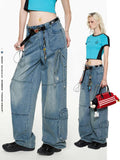 Bow retro workwear jeans multi-pocket loose casual straight pants