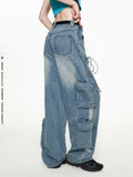 Bow retro workwear jeans multi-pocket loose casual straight pants