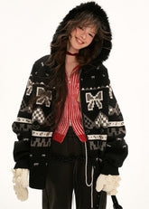 후드 리본 페어 아일 스웨터 재킷 탑