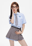 스트라이프 셔츠 & 플리츠 그레이 스커트 세트