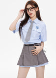 스트라이프 셔츠 & 플리츠 그레이 스커트 세트