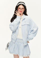 플레드 자수 재킷 & 레이스 스커트 세트