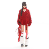 Red Scarf V-Neck Knit Sweater