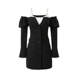 원숄더 스트라이프 레이어드 수트 드레스