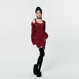 Wine Red Dress Dress Knitted Short Cardigan