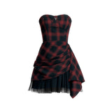 레드 블랙 체크 무늬 튜브탑 드레스