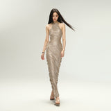 샤이니 플리츠 슬리브리스 드레스