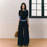 라운드넥 긴팔 슬림 스웨터 블루 플레드 셔츠