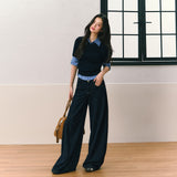 라운드넥 긴팔 슬림 스웨터 블루 플레드 셔츠