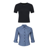 라운드넥 긴팔 슬림 스웨터 블루 플레드 셔츠