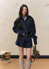 허리를 슬림하게 가꿔주는 데님 스커트 세트 - 플리스 안감