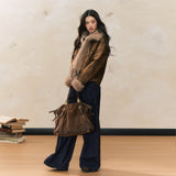 Retro coat brown slim fur splicing coat