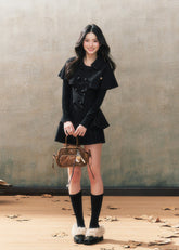 Black high-end suit cape coat pleated skirt two-piece suit
