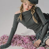 Gray One-Shoulder Knit Two-Piece Set