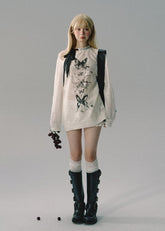 Retro Ribbon Embroidered Mesh Sweatshirt