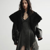 모피 칼라가 달린 젠더리스 랩 PU 가죽 재킷