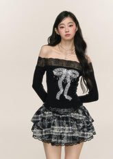 핏 원숄더 레이스 크롭 탑