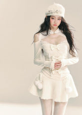 레이스 트림 오프숄더 슬림 스웨터