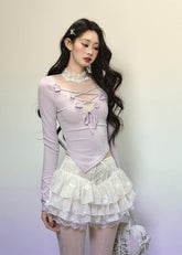 V-Neck Knit T-Shirt with Lace Trim