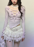 V-Neck Knit T-Shirt with Lace Trim