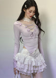 V-Neck Knit T-Shirt with Lace Trim