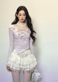 V-Neck Knit T-Shirt with Lace Trim