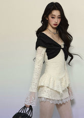 V넥 레이스 트리밍 긴팔 니트 탑