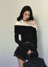 Stitched Detail Off-Shoulder Fitted Top