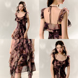 버터플라이 댄스 러플 슬립 드레스