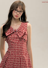 레드 플레드 플로럴 리본 드레스