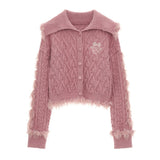 하이 칼라 패치워크 울 스웨터 카디건