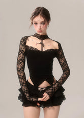 블랙 레이스 오프숄더 홀터 탑