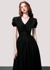 French V-Neck Puff Sleeve Dress