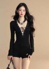 V넥 슬리브 점프수트