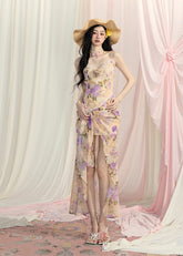 Painting lace floral slimming dress for women