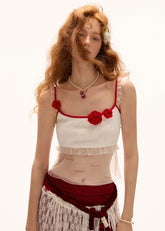 로즈 후크 플라워 캐미솔 화이트 레이어드 탑