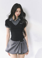 Fake Two-Piece Straight Shoulder Short Sleeve Top