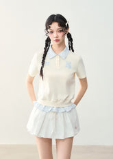 플레드 레이스 자수 패치워크 폴로 셔츠