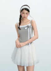 니트 스트랩 패치워크 레이스 메시 드레스