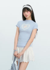 새끼 고양이 프린트 세미 하이넥 반팔 탑