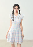 체크무늬 인형넥 레이스 드레스