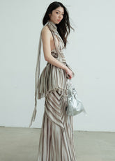 텍스처 프린트 딥 V 투피스 드레스 세트