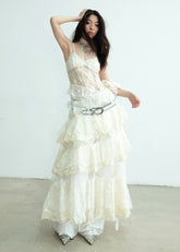 로맨틱 페어리 스타일 레이스 롱 스트랩 드레스