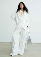 White Sheer Lace Spliced Long Sleeve Shirt