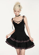 플레드 크리스크로스 스트랩 미니 드레스