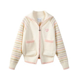 Original Design Milk Yellow Stripe Splice V-shaped Zipper Knitted Cardigan