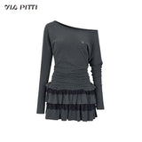 원숄더 레이스 티어드 미디 드레스