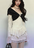 V-Neck Lace Trim Long Sleeve Knit Top